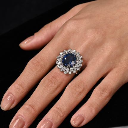 Certified 7.15 Carat Vivid Blue Sapphire & Diamond Sunburst Vintage French Ring