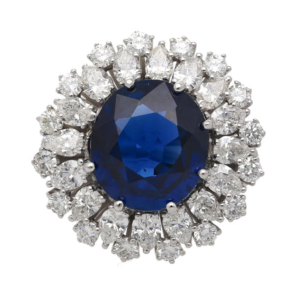 Certified 7.15 Carat Vivid Blue Sapphire & Diamond Sunburst Vintage French Ring