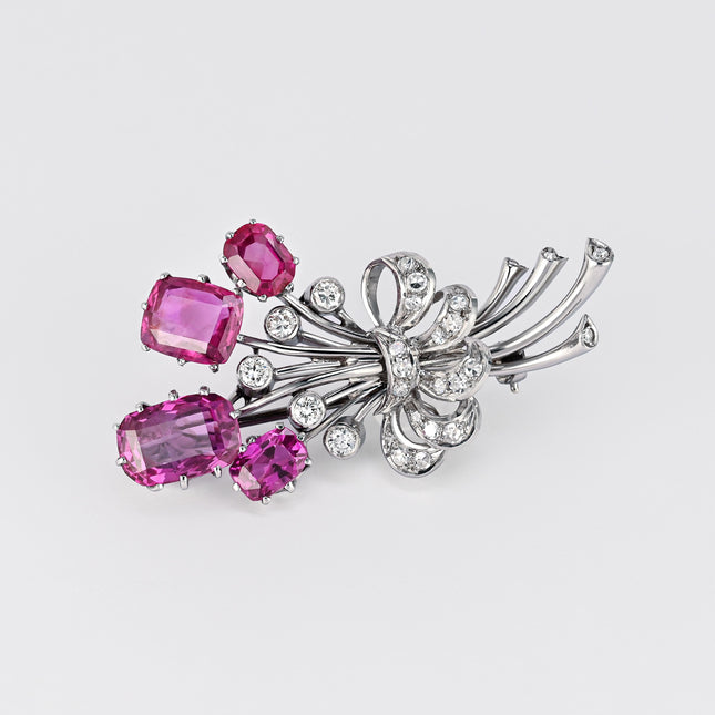 Ceylon Pink Sapphire Diamond Floral Brooch Cushion Step Cut Platinum No Heat Retro Vintage-Time and Carat