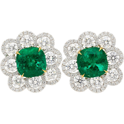 Colombian Emerald Cushion Cut Diamond Ring Drop Earrings Set-Time and Carat
