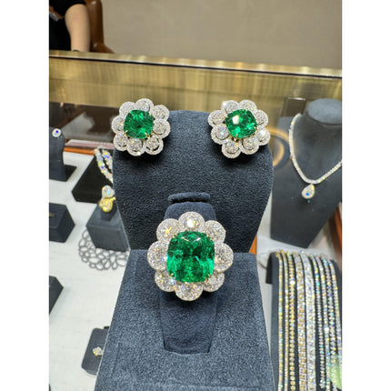 Colombian Emerald Cushion Cut Diamond Ring Drop Earrings Set-Time and Carat