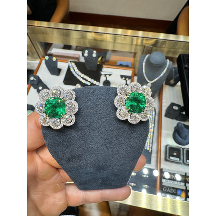Colombian Emerald Cushion Cut Diamond Ring Drop Earrings Set-Time and Carat