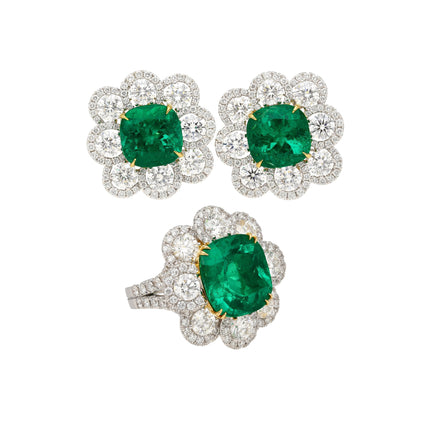Colombian Emerald Cushion Cut Diamond Ring Drop Earrings Set-Time and Carat