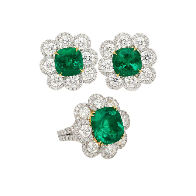 Colombian Emerald Cushion Cut Diamond Ring Drop Earrings Set-Time and Carat