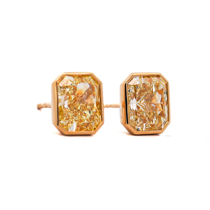4.02ctw Fancy Yellow Radiant Diamond Bezel Stud Earrings 18K | GIA