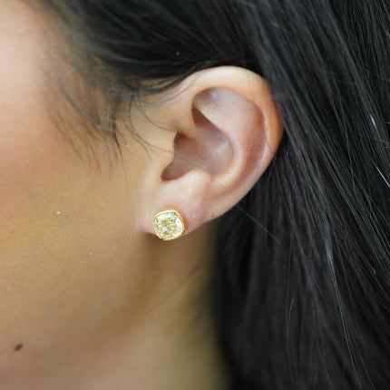 3.51ctw Fancy Light Yellow Cushion Bezel Stud Earrings 18K | EGL