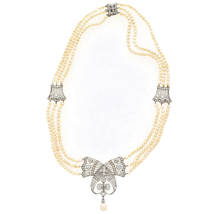 Edwardian GIA Certified Saltwater Pearl & Old Euro Cut Diamond Necklace