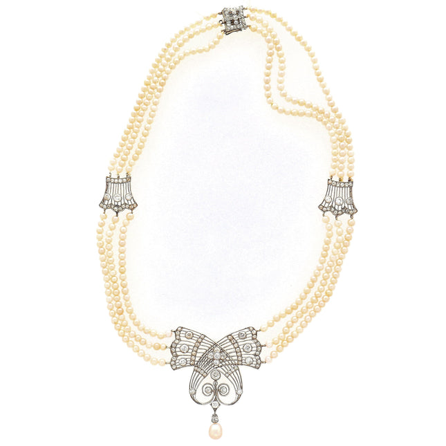 Edwardian GIA Certified Saltwater Pearl & Old Euro Cut Diamond Necklace