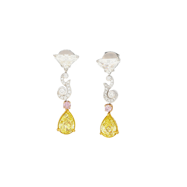 Fancy Vivid Yellow Diamond Pear Shape Trilliant Diamond Drop Earrings 18K Gold-Time and Carat
