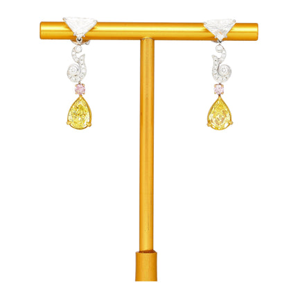 Fancy Vivid Yellow, Pink Diamond and GIA Diamond 18K Earrings