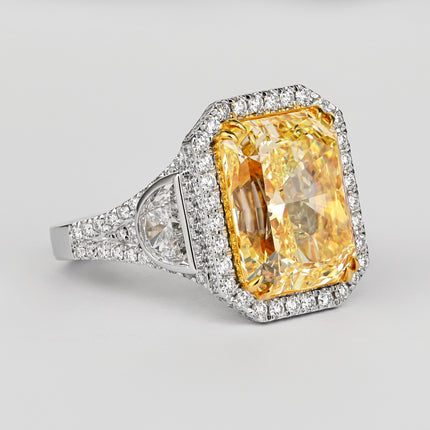 GIA Cert. 10.20 Carat Radiant Fancy Intense Yellow & Half Moon Cut Diamond Ring