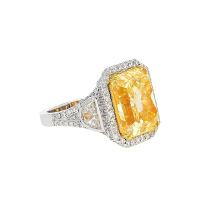 GIA Cert. 10.20 Carat Radiant Fancy Intense Yellow & Half Moon Cut Diamond Ring
