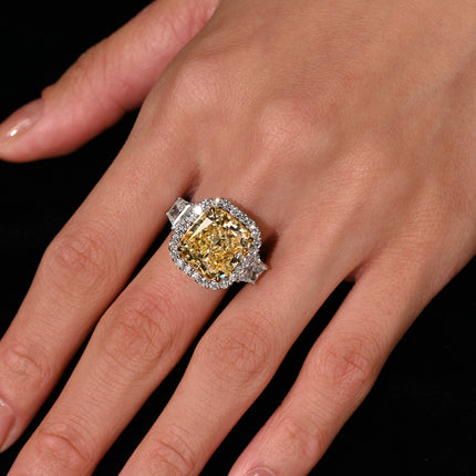 GIA Cert. 10.20 Carat Radiant Fancy Intense Yellow & Half Moon Cut Diamond Ring