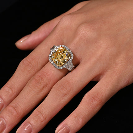 GIA Cert. 10.20 Carat Radiant Fancy Intense Yellow & Half Moon Cut Diamond Ring