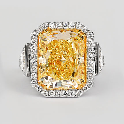 GIA Cert. 10.20 Carat Radiant Fancy Intense Yellow & Half Moon Cut Diamond Ring