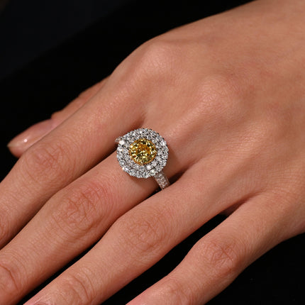 GIA Cert. 1.65 Carat Fancy Intense Yellow Diamond Double Halo Ring