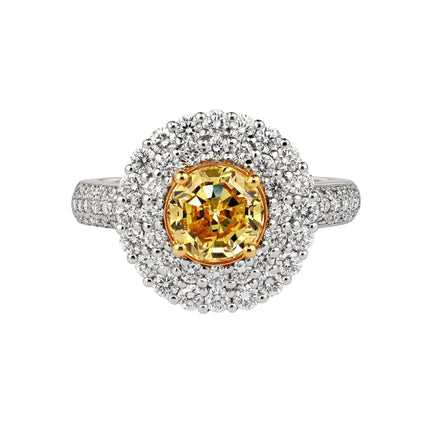 GIA Cert. 1.65 Carat Fancy Intense Yellow Diamond Double Halo Ring