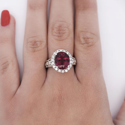 GIA Cert. 5.52 Carat Rubellite and Diamond Halo Filigree Ring