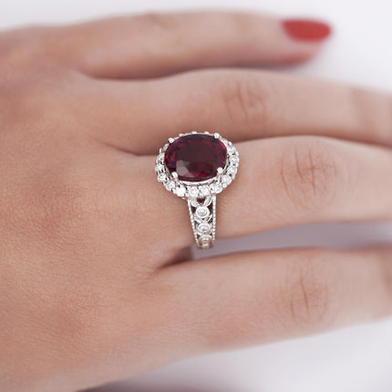 GIA Cert. 5.52 Carat Rubellite and Diamond Halo Filigree Ring