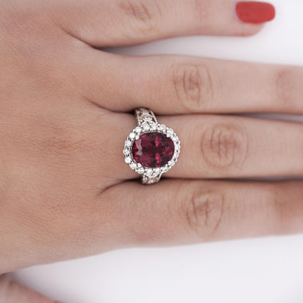 GIA Cert. 5.52 Carat Rubellite and Diamond Halo Filigree Ring