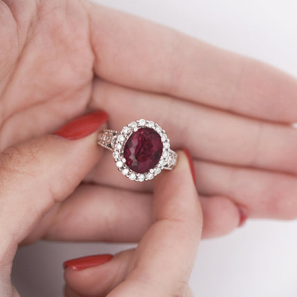 GIA Cert. 5.52 Carat Rubellite and Diamond Halo Filigree Ring