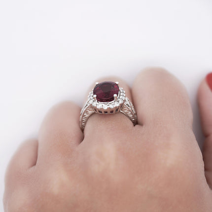 GIA Cert. 5.52 Carat Rubellite and Diamond Halo Filigree Ring