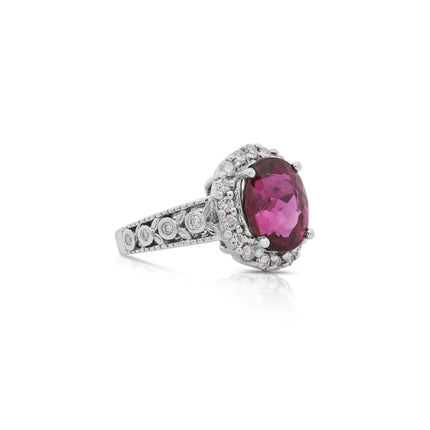 GIA Cert. 5.52 Carat Rubellite and Diamond Halo Filigree Ring