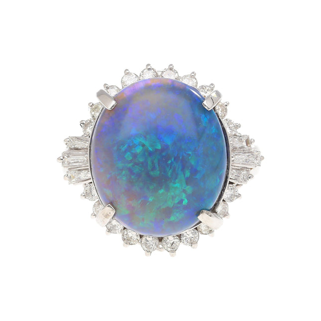 GIA Cert. 8.45 Ct Black Opal & Diamond Halo Platinum Ring