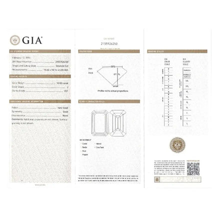 GIA Certified 10.03 Carat Emerald Cut J/VS1 Diamond Platinum Three Stone Ring