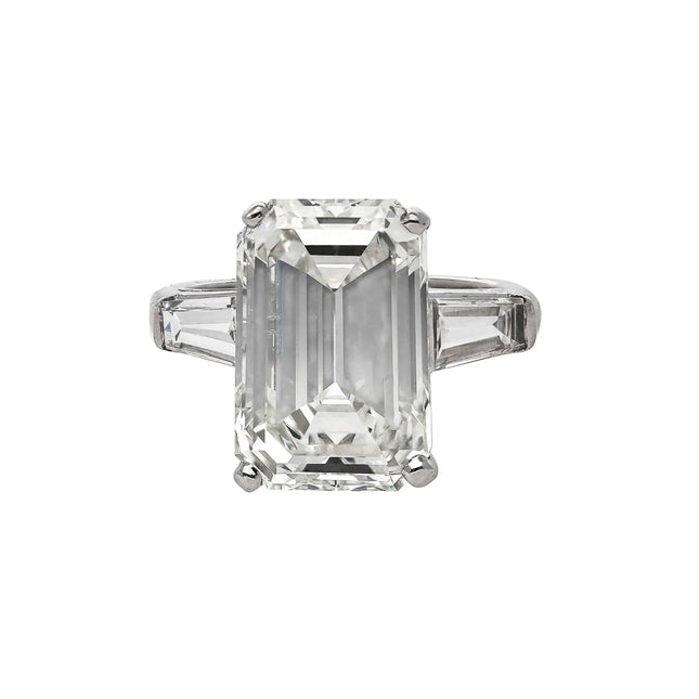 GIA Certified 10.03 Carat Emerald Cut J/VS1 Diamond Platinum Three Stone Ring
