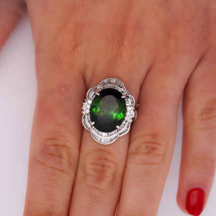 GIA Certified 10.47 Carat Green Oval Cut Tourmaline & Diamond in Platinum Cocktail Ring