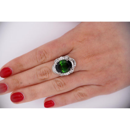 GIA Certified 10.47 Carat Green Oval Cut Tourmaline & Diamond in Platinum Cocktail Ring