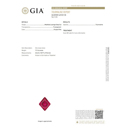 GIA Certified 17.16 Carat Lozenge Cut Rubellite Red Tourmaline Ring