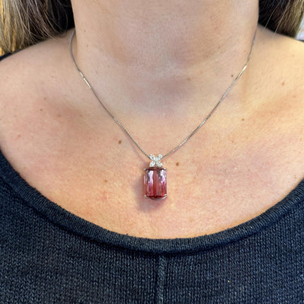 GIA Certified 18.61 Carat Pink Tourmaline & Floral Diamond Pendant Necklace