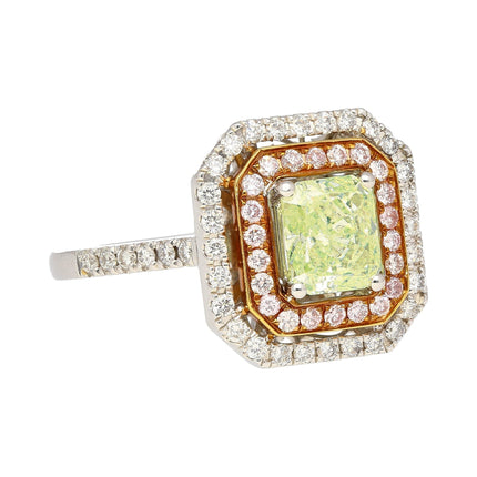 GIA Certified 1.12 carat Radiant Cut Fancy Light Green-Yellow Diamond and Diamond Halo Ring