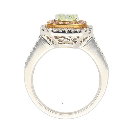 GIA Certified 1.12 carat Radiant Cut Fancy Light Green-Yellow Diamond and Diamond Halo Ring