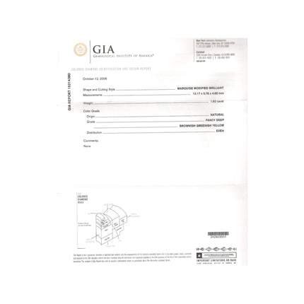 GIA Certified 1.92 carat Brownish Greenish Yellow Marquise Cut Diamond Ring
