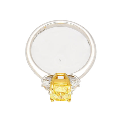 GIA Certified 2 Carat Fancy Vivid Yellow Radiant Cut Diamond 3-Stone Ring With Half Moon Diamond Side Stones