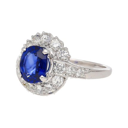 GIA Certified 2.18 Carat Oval Blue Sapphire & Diamond Platinum Bypass Halo Ring