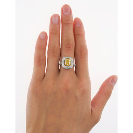 GIA Certified 2.35 Fancy Yellow Diamond Ring With 1.0 CTW Diamond Cluster in 18K White Gold