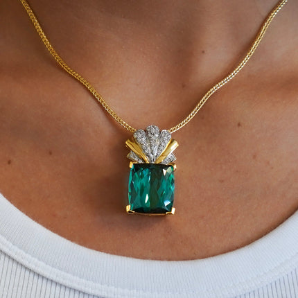 GIA Certified 35 Carat Indicolite Tourmaline & Diamond 18K Gold Pendant