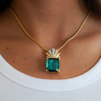 GIA Certified 35 Carat Indicolite Tourmaline & Diamond 18K Gold Pendant