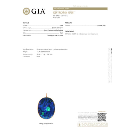 GIA Certified 35 Carat Marcus & Co Australian Black Opal in 18K Gold Pendant