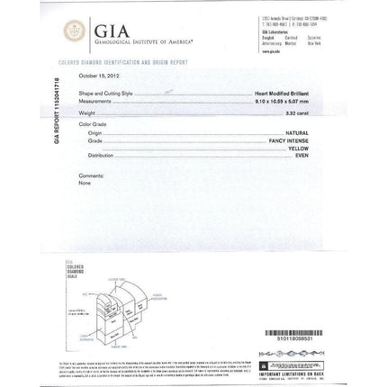 GIA Certified 3.32 Carat Fancy Intense Yellow Heart Cut Diamond Engagement Ring