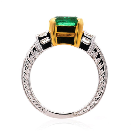 GIA Certified 3.38 Carat Colombian Emerald & Diamond Filigree Three Stone Ring