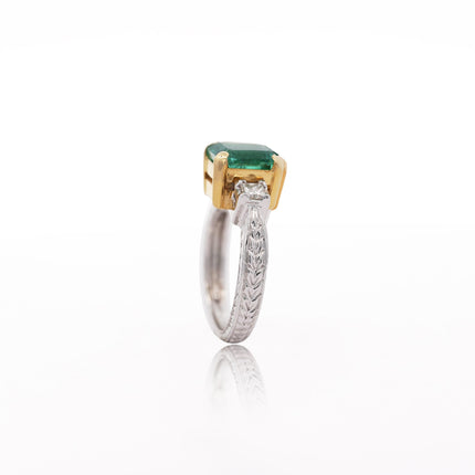 GIA Certified 3.38 Carat Colombian Emerald & Diamond Filigree Three Stone Ring