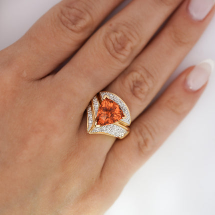 GIA Certified 4.5 Carat Orange Spessartine Garnet Trilliant Cut 18K Gold Ring