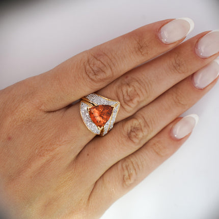 GIA Certified 4.5 Carat Orange Spessartine Garnet Trilliant Cut 18K Gold Ring
