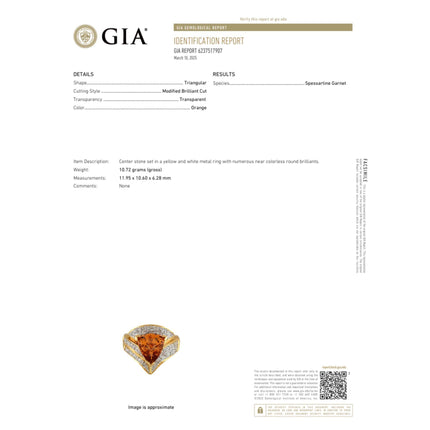 GIA Certified 4.5 Carat Orange Spessartine Garnet Trilliant Cut 18K Gold Ring
