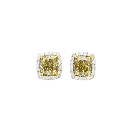 GIA Certified 5.12 Carat Fancy Brownish Greenish Yellow Diamond Stud Earrings